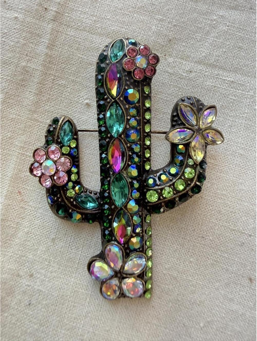 Multicolor Rhinestone Cactus Statement Brooch